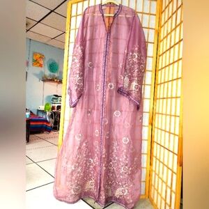 Vintage Womens Handmade Purple Satin Kaftan Mesh Embroidered Sequin Beaded Abaya